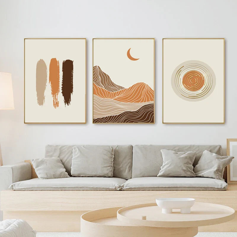 Abstrakte Geometrische Taupe Terrakotta Landschaft Sonne Mond Wandkunst Fein Kunst Leinwanddrucke Bilder Für Wohnzimmer Schlafzimmer Kunst Dekor | Karnz