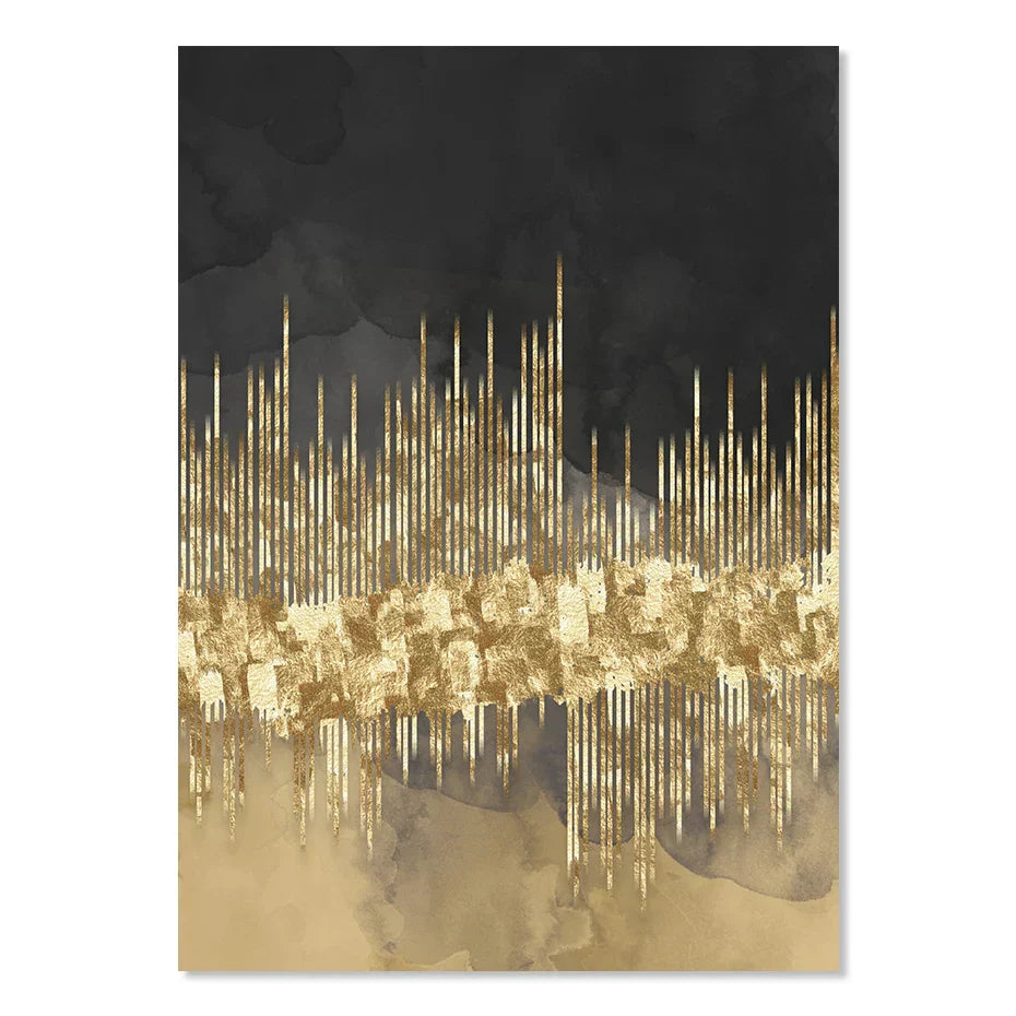 Abstrakte goldene Stadtlandschaft auf schwarzem Aquarell-Leinwanddruck Wandkunst leichte Luxusbilder für Wohnzimmer Schlafzimmer Home Office Dekor | Karnz