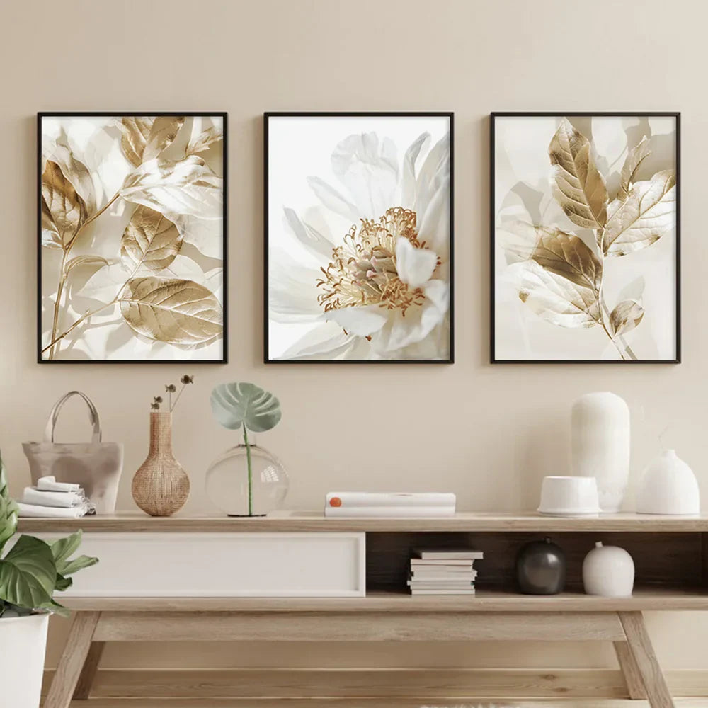 Moderne weiße & goldene florale Wandkunst feine Kunst Leinwanddrucke Bilder für Wohnzimmer Esszimmer Schlafzimmer Kunst Dekor (Set von 3 Stück) | Karnz