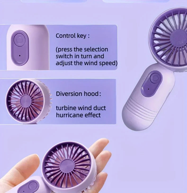 Mini Handheld USB Ventilator – 3-Geschwindigkeitsstarker Wind Tragbarer Tischventilator, Wiederaufladbar für Studenten, Büro, Outdoor, Reisen und Camping | Karnz
