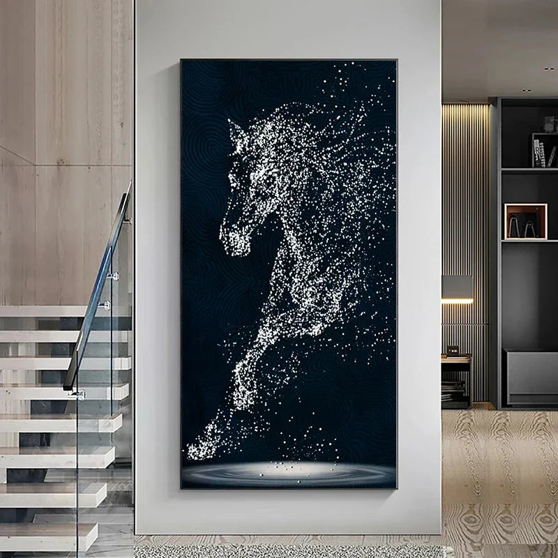 Minimalistische abstrakte Lichtspritzer Pferd Wandkunst Feine Kunstdrucke Reiterbilder für modernes Wohnzimmer Eingangsbereich Foyer Kunstdekoration | Karnz