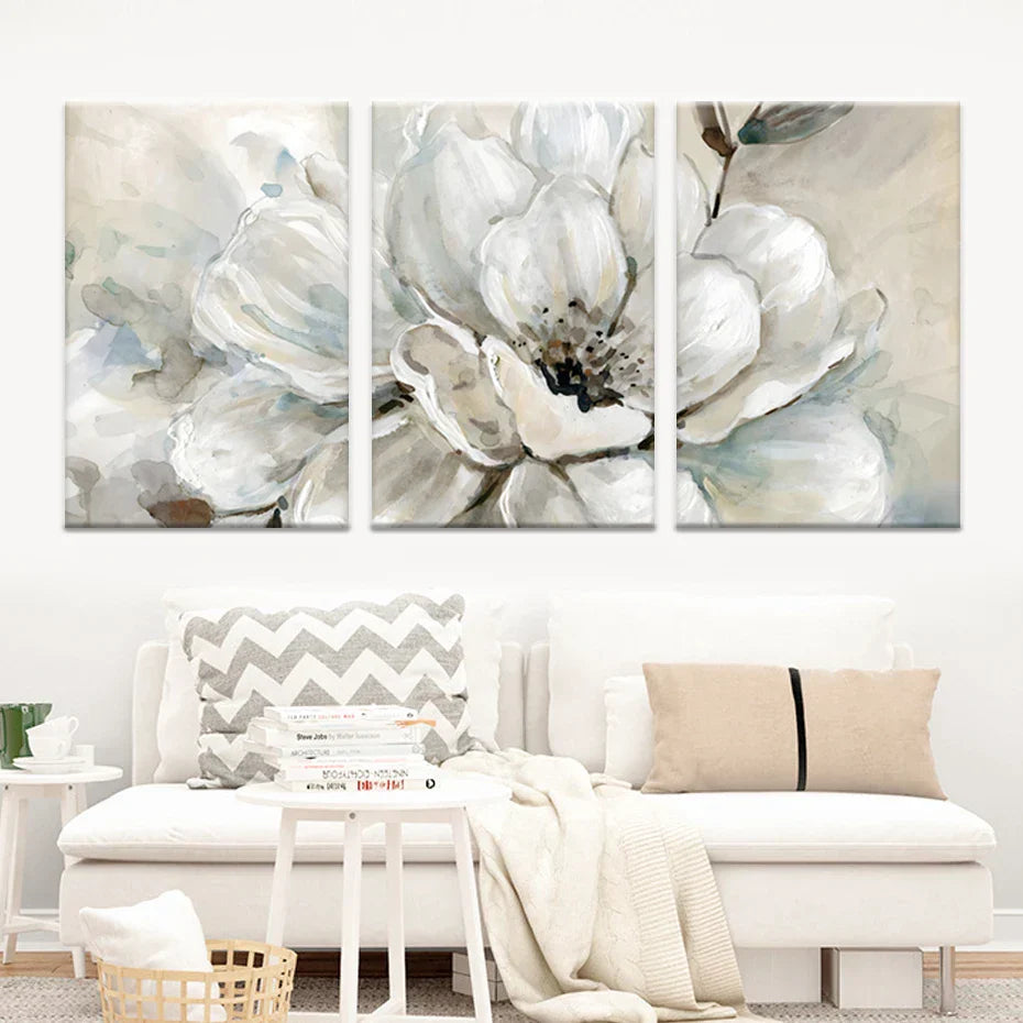 Große Beige Weiße Florale Wandkunst Fine Art Leinwanddrucke Moderne Botanische Bilder Für Wohnzimmer Esszimmer Schlafzimmer Kunst Dekor | Karnz