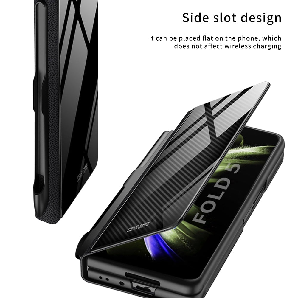 Karnz | Stoßfeste Rüstungshülle Hülle Glas Abdeckung Ständer Einfügkarte Lederhülle für Samsung Galaxy Z Fold 5/4