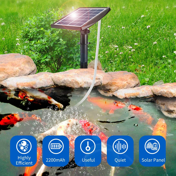 Karnz | AquaSola Solarbetriebene Sauerstoffpumpe mit Batterie | 6V 2W | Für Teiche & Aquarien | Einschließlich 2 Luftsteine & 0,25 cm Schlauch