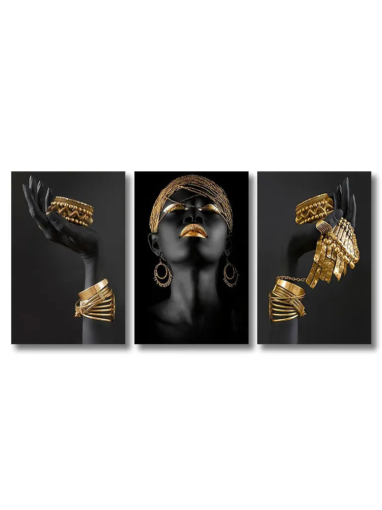 Set aus 3 Stück Schwarz Goldene Frauenporträt Wandkunst Feine Kunst Leinwanddrucke Bilder Für Luxuriöses Wohnzimmer Esszimmer Home Office Dekor | Karnz