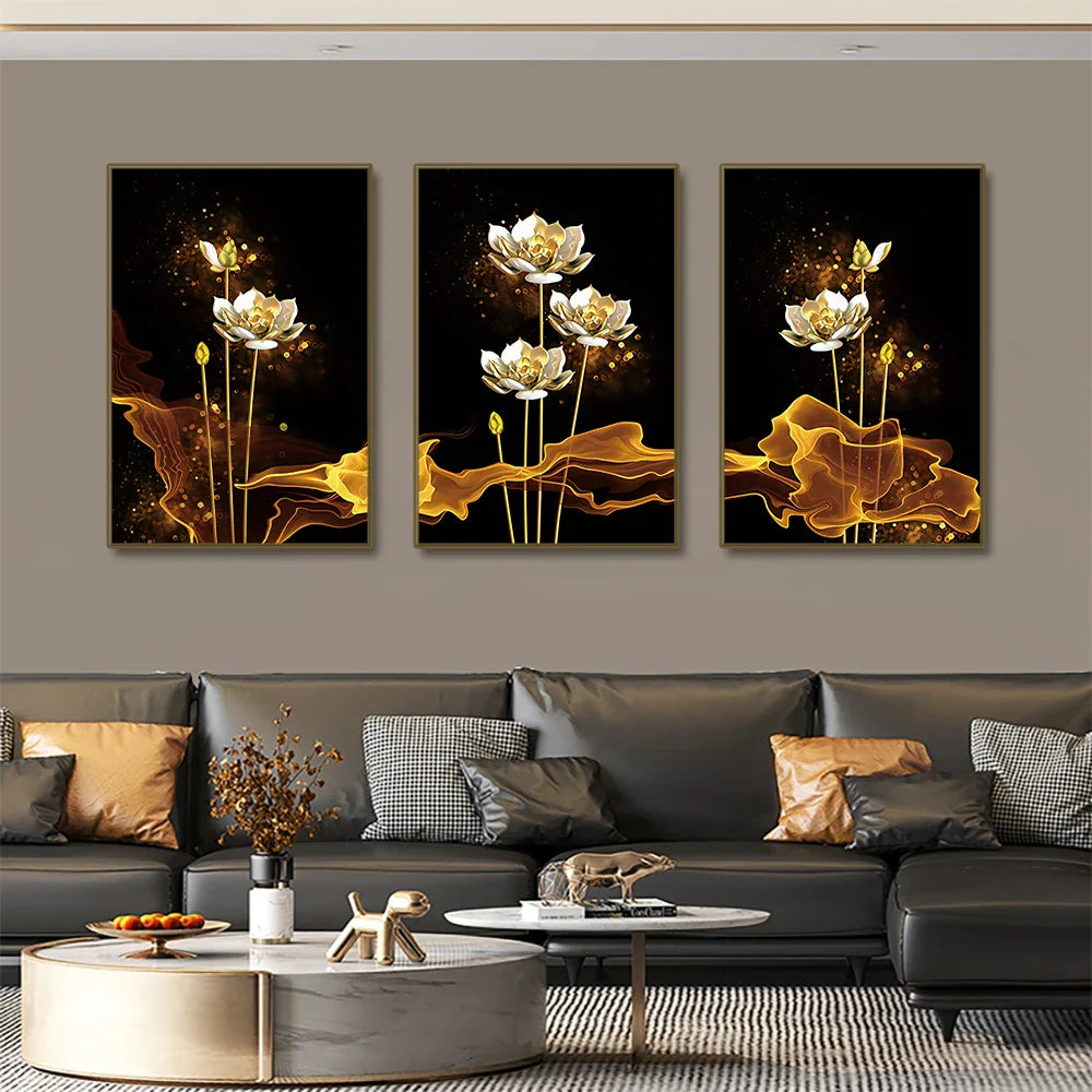 Set von 3PCs Weiße Goldene Lotus Exotische Florale Wandkunst Feine Kunst Leinwanddrucke Exotische Botanische Bilder Für Luxuriöses Wohnzimmer Esszimmer Schlafzimmer Kunstdekoration | Karnz