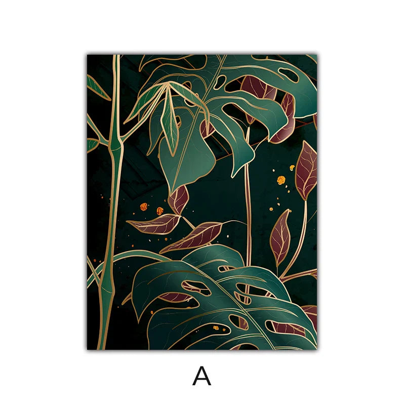 Moderne abstrakte tropische Botanik Wandkunst Fine Art Leinwanddrucke Rote grüne Palmenblätter Poster Bilder für Wohnzimmer Hotelzimmer Dekoration | Karnz
