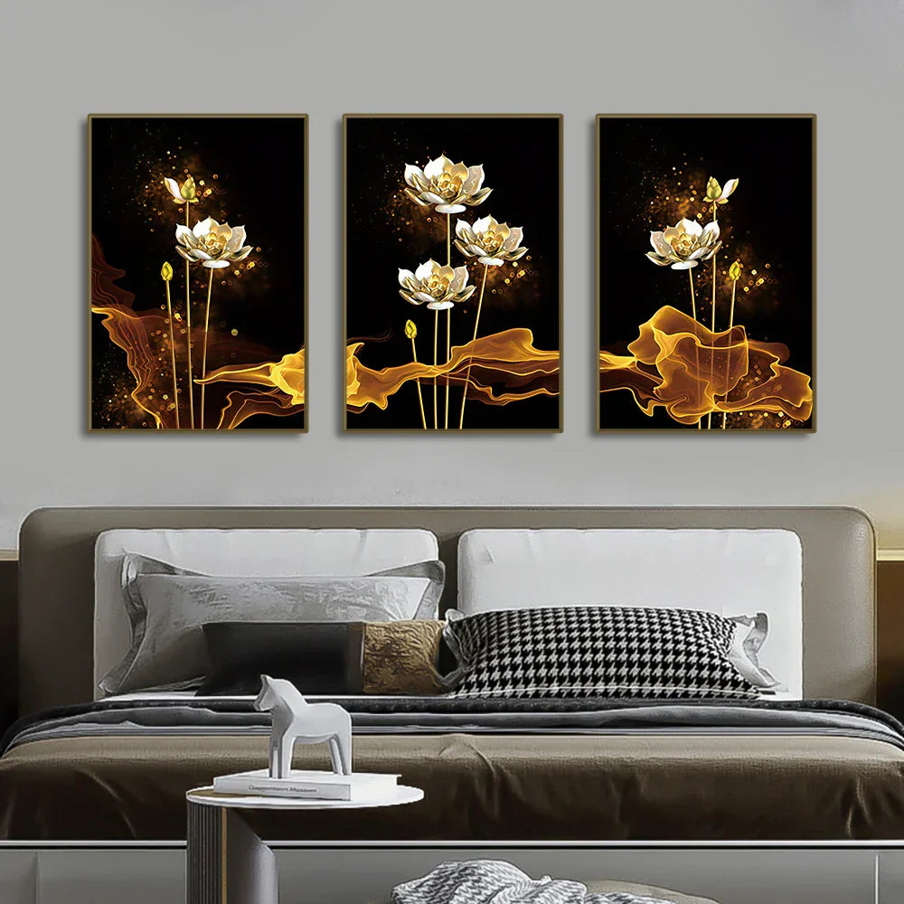 Set von 3PCs Weiße Goldene Lotus Exotische Florale Wandkunst Feine Kunst Leinwanddrucke Exotische Botanische Bilder Für Luxuriöses Wohnzimmer Esszimmer Schlafzimmer Kunstdekoration | Karnz