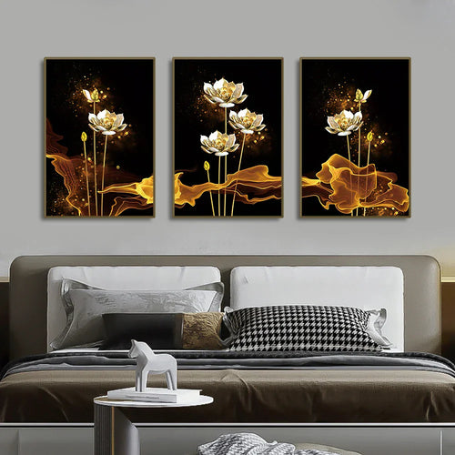 Set von 3PCs Weiße Goldene Lotus Exotische Florale Wandkunst Feine Kunst Leinwanddrucke Exotische Botanische Bilder Für Luxuriöses Wohnzimmer Esszimmer Schlafzimmer Kunstdekoration | Karnz