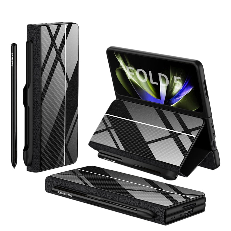 Karnz | Stoßfeste Rüstungshülle Hülle Glas Abdeckung Ständer Einfügkarte Lederhülle für Samsung Galaxy Z Fold 5/4