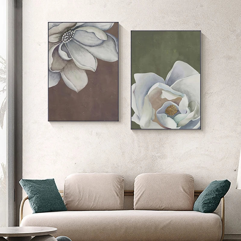 Skandinavische große florale Wandkunst feine Kunstdrucke auf Leinwand weiße Blütenblumen Poster moderne botanische Bilder für Foyer Wohnzimmer | Karnz