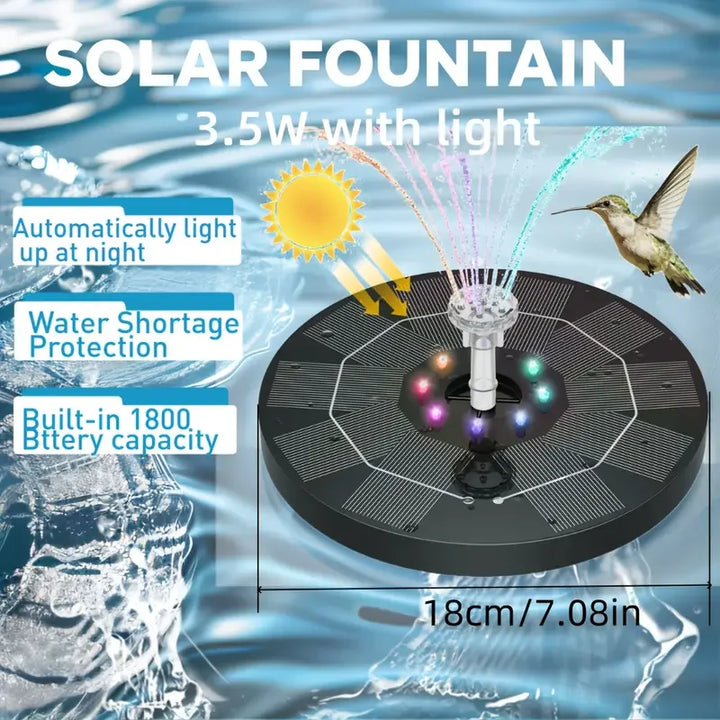 Karnz | Solarbrunnen LumiFonte 3.5W | Mit RGB-LED & 6 Düsen | 1500 mAh Akku & Filtersystem | Für Vogelbad, Teich & Garten