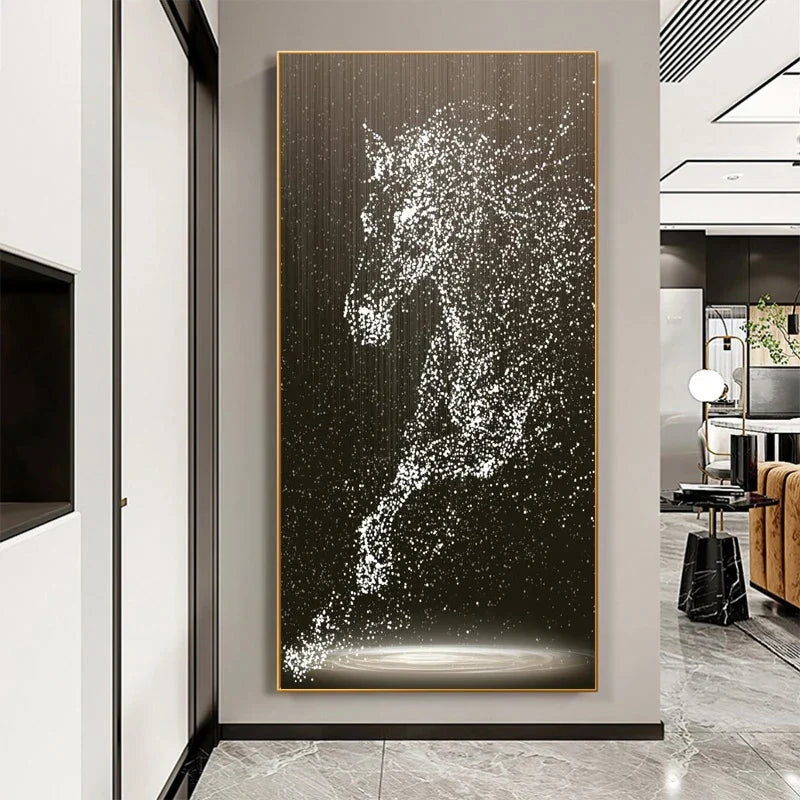 Minimalistische abstrakte Lichtspritzer Pferd Wandkunst Feine Kunstdrucke Reiterbilder für modernes Wohnzimmer Eingangsbereich Foyer Kunstdekoration | Karnz