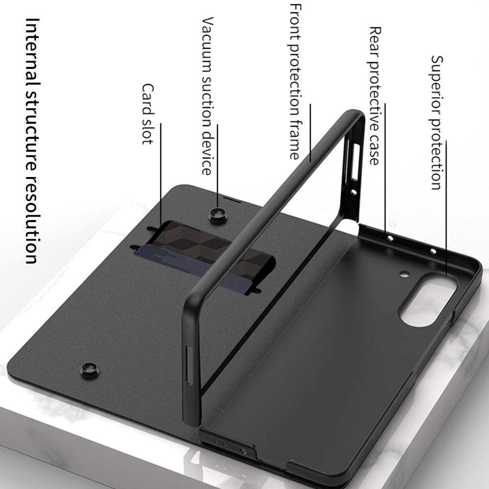 Karnz | Stoßfeste Rüstungshülle Hülle Glas Abdeckung Ständer Einfügkarte Lederhülle für Samsung Galaxy Z Fold 5/4