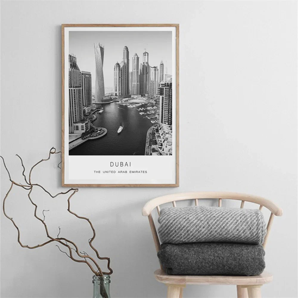 Dubai Skyline Poster Internationale Reisen Wandkunst Fein Kunst Leinwanddrucke Schwarz Weiß Bilder Für Wohnzimmer Esszimmer Heim Büro Kunst Dekor | Karnz