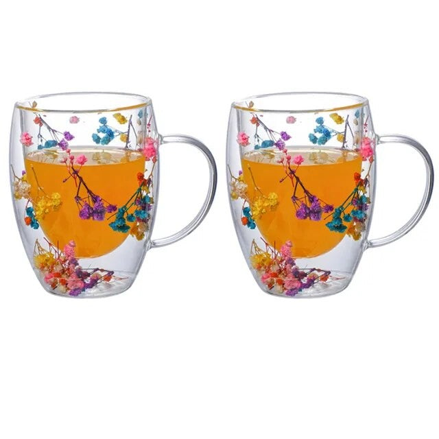 2pcs Getrocknete Blumen Doppelt wändige Glas Tasse
