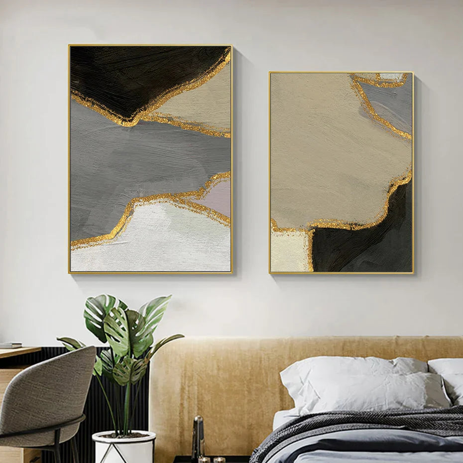 Abstrakte Blockfarbe Wandkunst Schwarz Grau Beige Golden Fine Art Leinwanddrucke Bilder Für Modernes Apartment Wohnzimmer Zeitgenössische Wohnkultur | Karnz