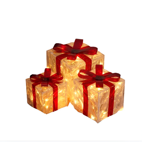 Helle Geschenkboxen im Set von 3 – Transparente Weihnachtsdekoration mit roten Bändern | Für drinnen & draußen | Karnz