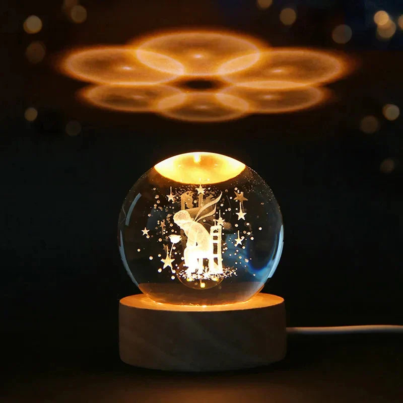 3D Kristall Nachttischlampe LED - Sternenhimmel Projektor mit Holzsockel, romantische Beleuchtung für Schlafzimmer & Geschenke | Karnz