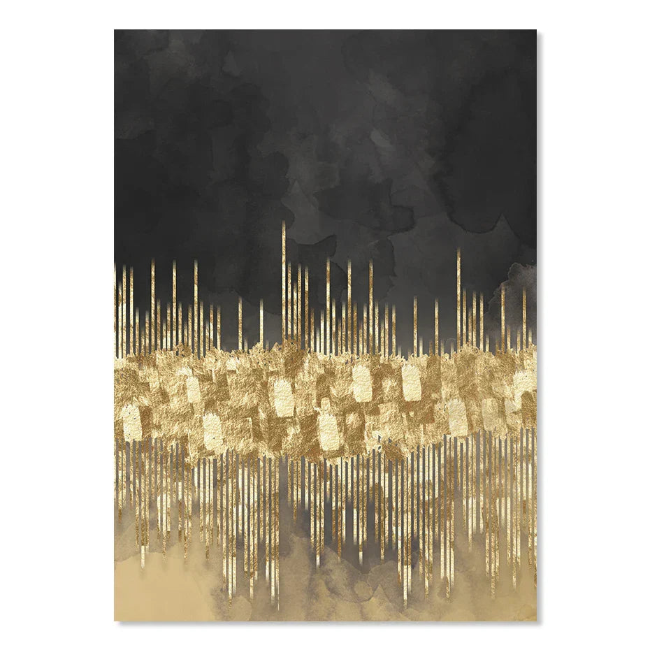 Abstrakte goldene Stadtlandschaft auf schwarzem Aquarell-Leinwanddruck Wandkunst leichte Luxusbilder für Wohnzimmer Schlafzimmer Home Office Dekor | Karnz