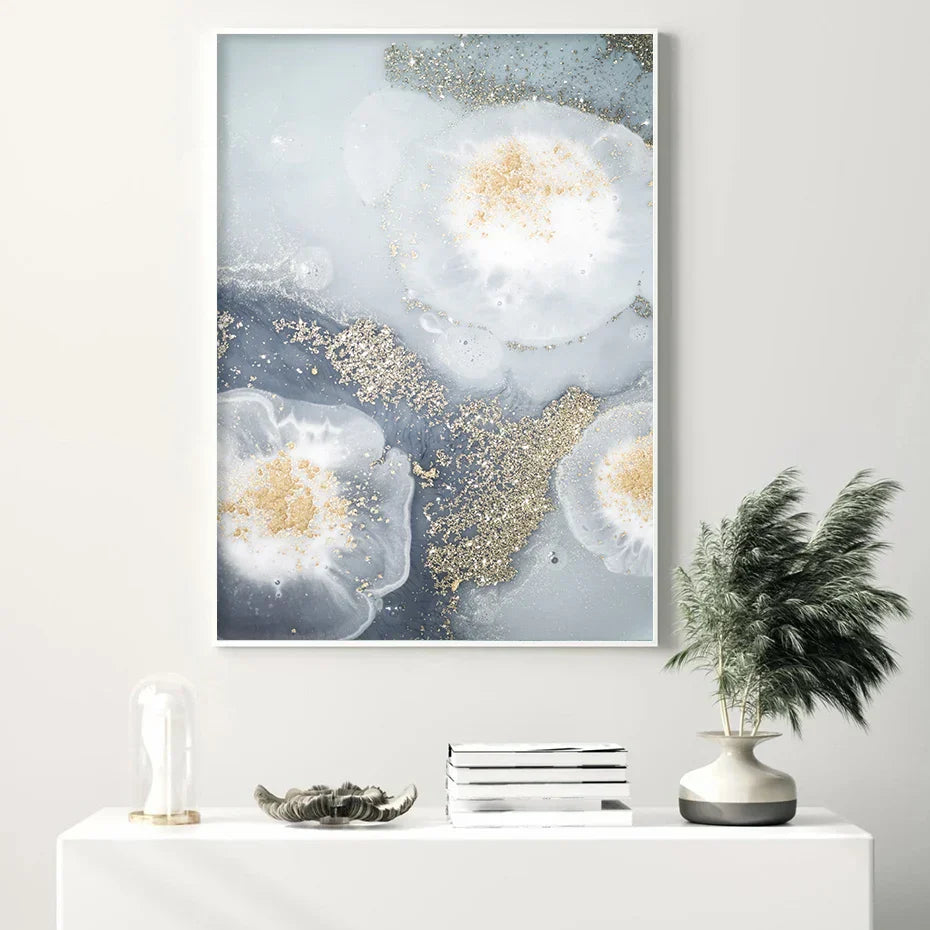 Blaue Weiße Goldene Abstrakte Florale Wandkunst Fein Kunst Leinwanddrucke Poster Bild Für Modernes Wohnzimmer Schlafzimmer Nordische Wohnkultur | Karnz