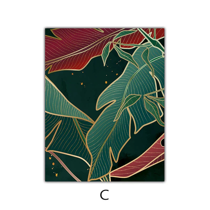 Moderne abstrakte tropische Botanik Wandkunst Fine Art Leinwanddrucke Rote grüne Palmenblätter Poster Bilder für Wohnzimmer Hotelzimmer Dekoration | Karnz