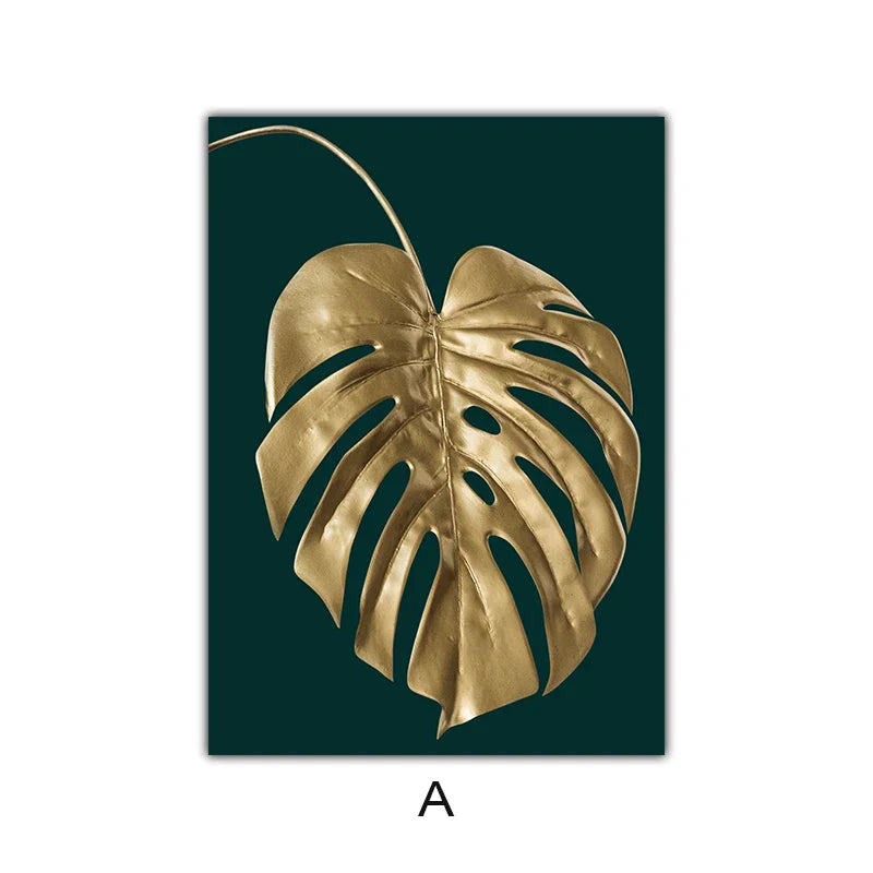 Abstrakte tropische Botanik goldene Blätter Wandkunst Feine Kunst Leinwanddrucke Bilder für Wohnzimmer Esszimmer Licht Luxus Wohnkultur | Karnz