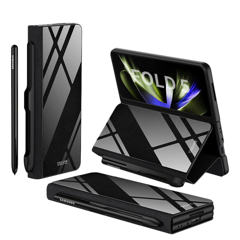 Karnz | Stoßfeste Rüstungshülle Hülle Glas Abdeckung Ständer Einfügkarte Lederhülle für Samsung Galaxy Z Fold 5/4