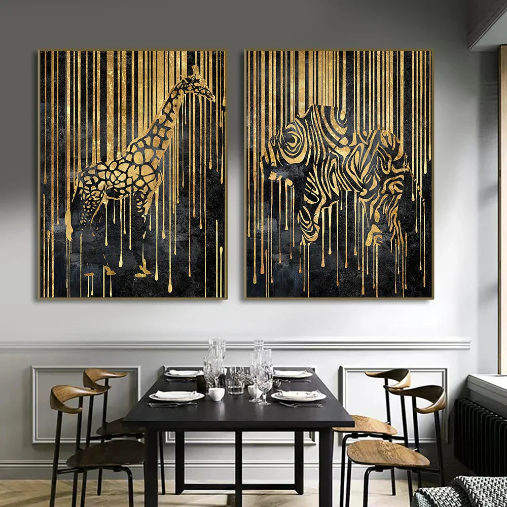 Moderne abstrakte goldene Zebra-Linien Löwe Elefant Tiger Wandkunst Fein Kunst Leinwanddrucke Bilder für luxuriöse Wohnung Wohnzimmer Esszimmer Kunstdekoration | Karnz