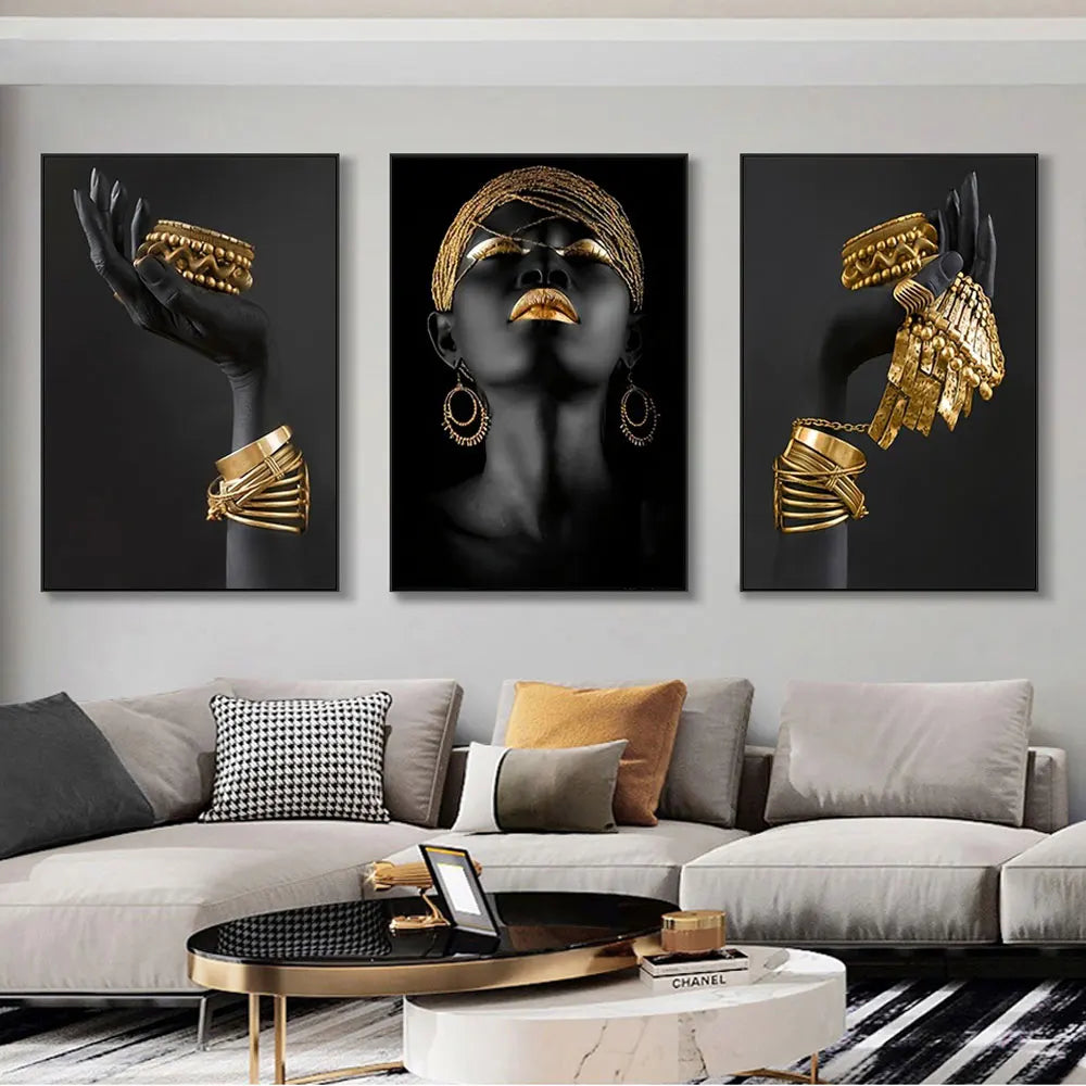 Set aus 3 Stück Schwarz Goldene Frauenporträt Wandkunst Feine Kunst Leinwanddrucke Bilder Für Luxuriöses Wohnzimmer Esszimmer Home Office Dekor | Karnz