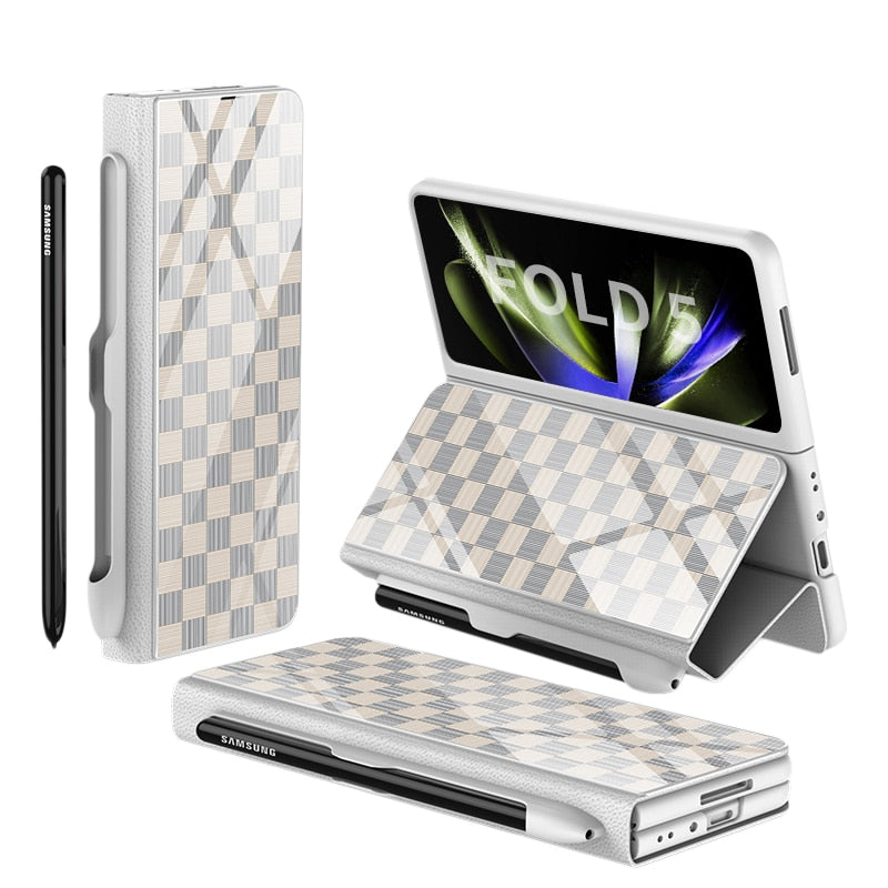Karnz | Stoßfeste Rüstungshülle Hülle Glas Abdeckung Ständer Einfügkarte Lederhülle für Samsung Galaxy Z Fold 5/4