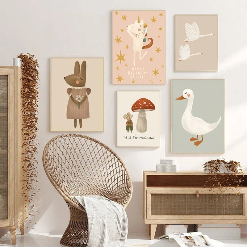 Niedliche Baby Tiere Kinderzimmer Wandkunst Illustrationen Fine Art Leinwanddrucke Gänse Maus Löwe Eisbär Poster Bilder für das Kinderzimmer Wanddekoration | Karnz