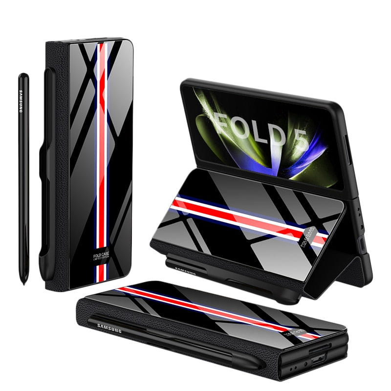 Karnz | Stoßfeste Rüstungshülle Hülle Glas Abdeckung Ständer Einfügkarte Lederhülle für Samsung Galaxy Z Fold 5/4