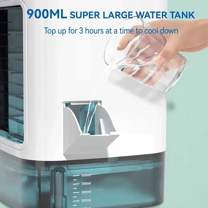 Tragbarer Mini-Luftkühler – 3-Gang kleine Klimaanlage mit 900ML Wassertank, Ventilator und Luftbefeuchter für Schlafzimmer & Büro | Karnz