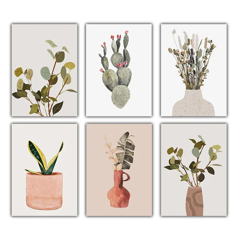 Minimalistische Aquarell-Kaktus Pflanze mit Topf Grüne Blätter Wandkunst Feine Kunst Leinwanddrucke Bilder für Esszimmer Wohnzimmer Kunst Dekor | Karnz