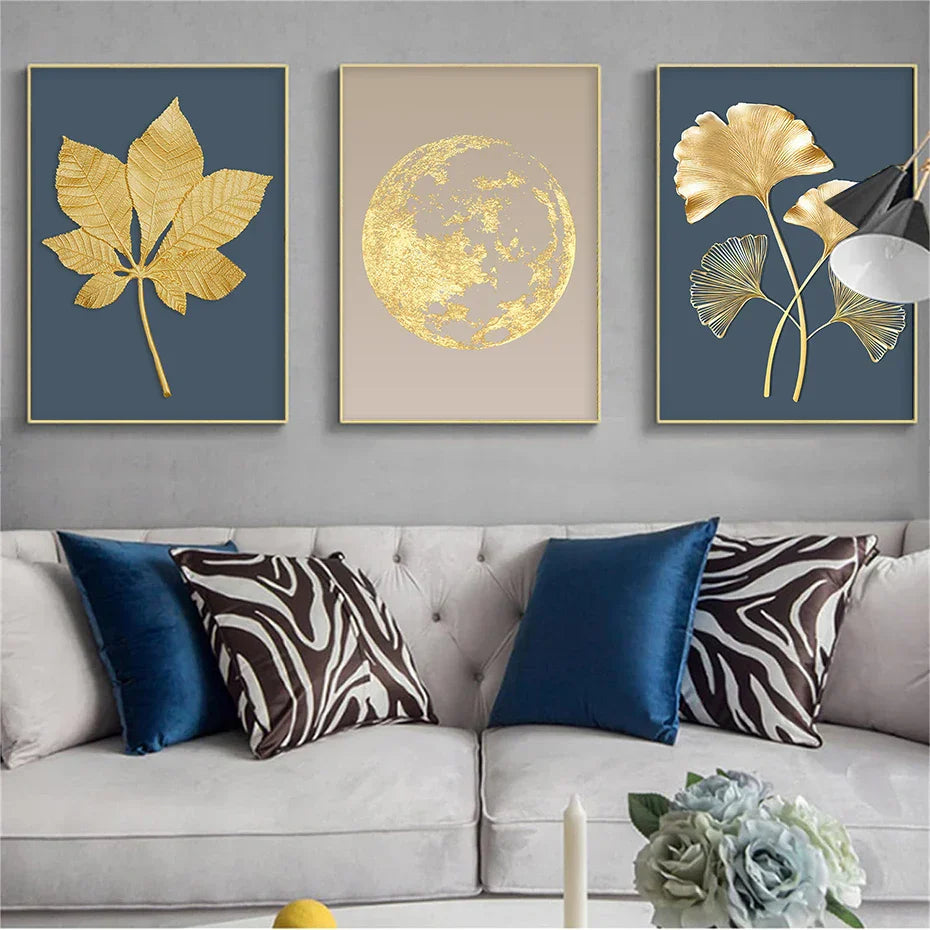 Blaue Minimalistische Goldene Abstrakte Florale Wandkunst Feine Kunst Leinwanddrucke Bilder Für Luxuriöses Wohnzimmer Esszimmer Home Office Kunst Dekor | Karnz