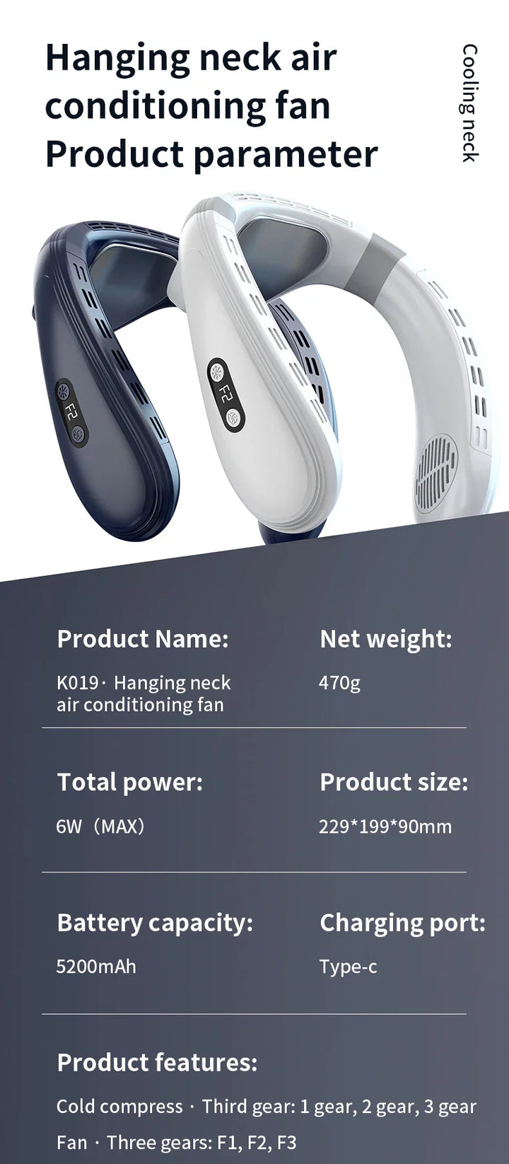 Tragbarer Halsventilator 5200mAh – Wiederaufladbarer tragbarer Halbleiter-Kühlventilator, persönlicher tragbarer Halsklimaanlage | Karnz