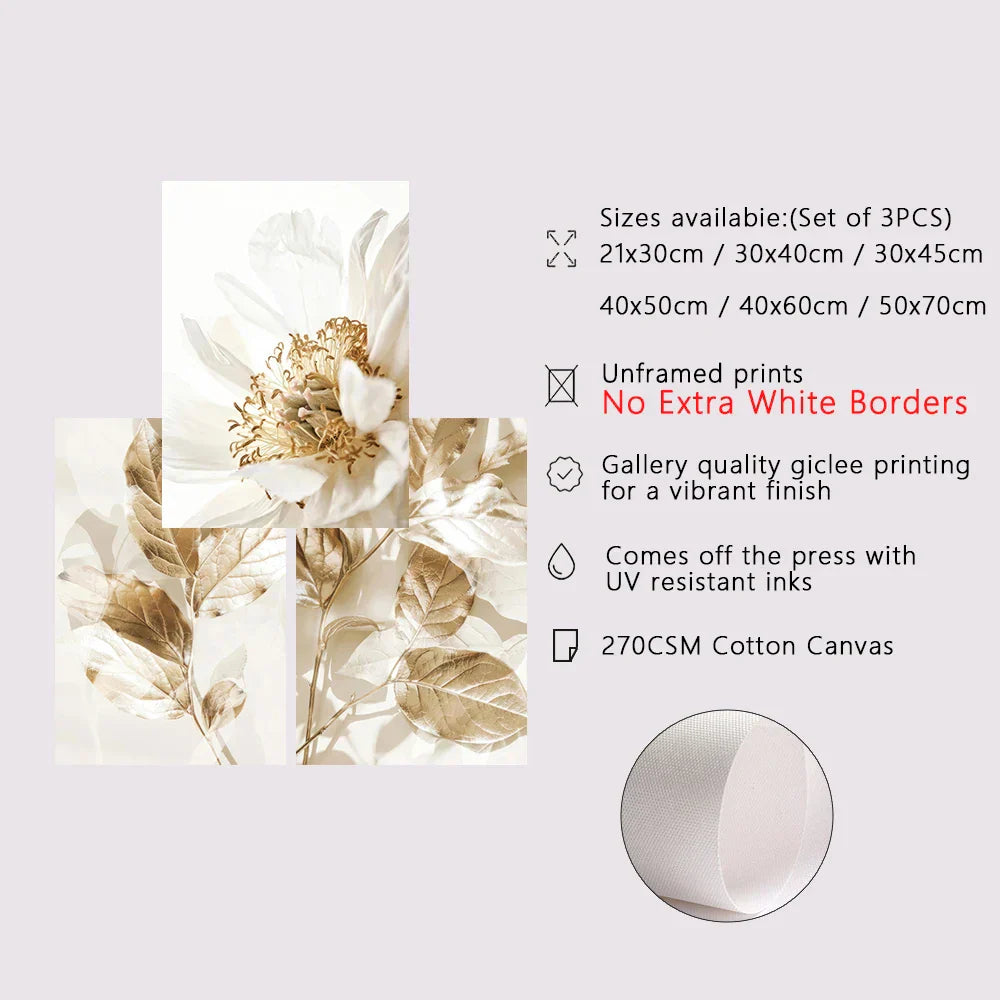 Moderne weiße & goldene florale Wandkunst feine Kunst Leinwanddrucke Bilder für Wohnzimmer Esszimmer Schlafzimmer Kunst Dekor (Set von 3 Stück) | Karnz