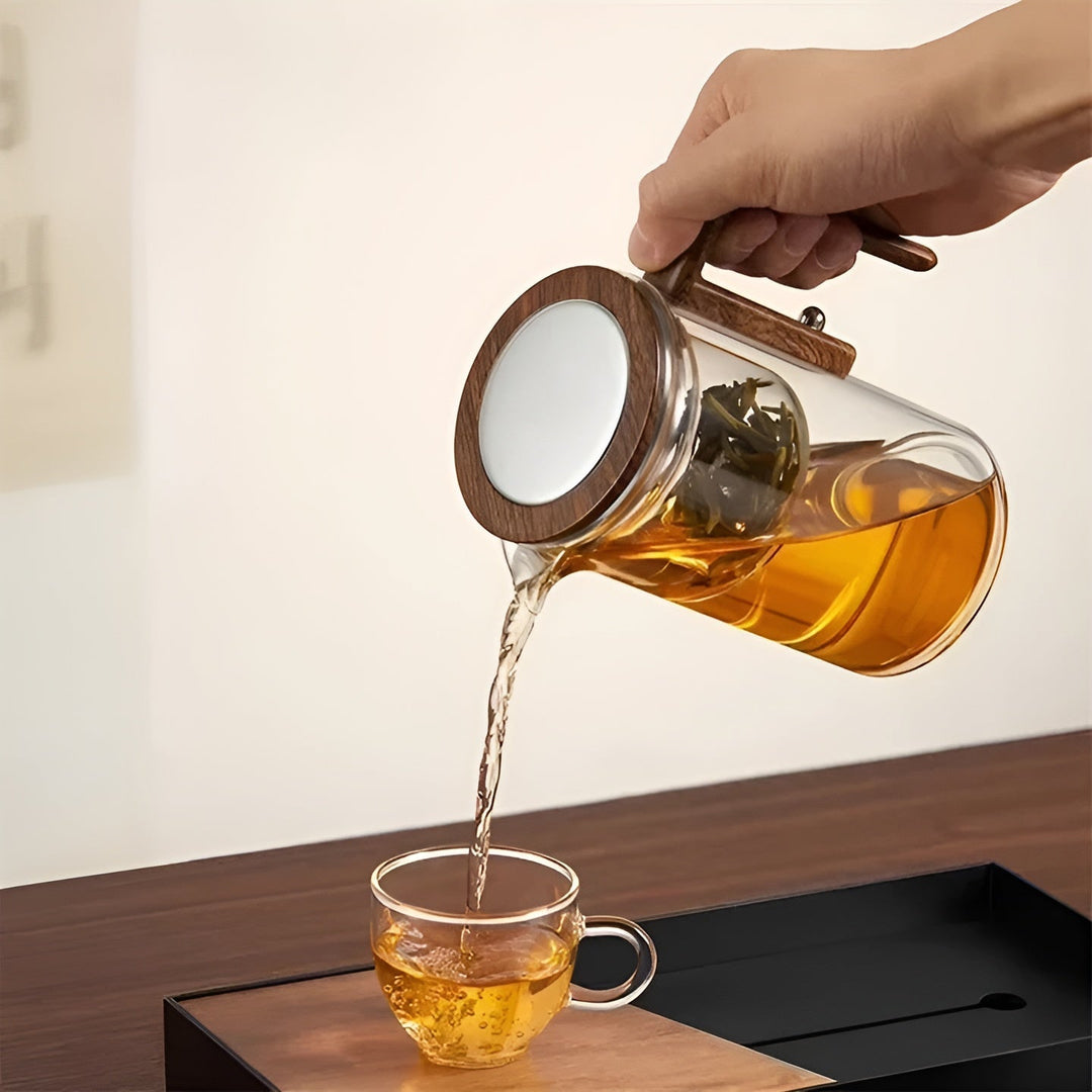 Glas-Teekanne mit Holzgriff – Ein-Klick-Filter | Perfekt für losen Tee & Puer | Karnz