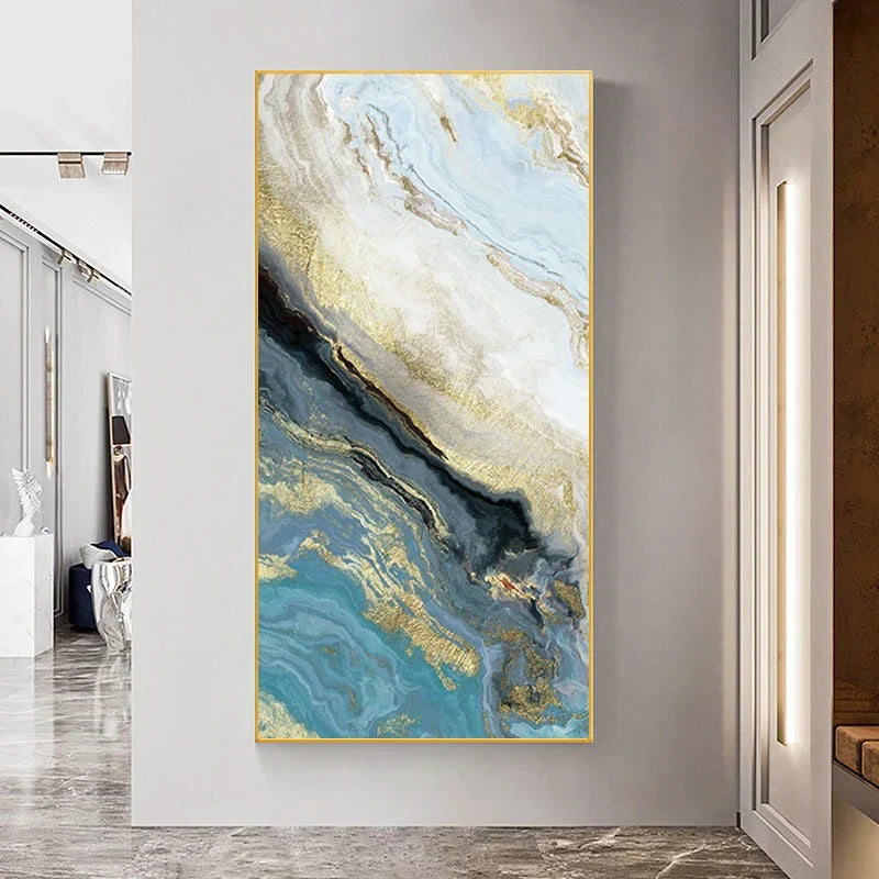 Blaue Goldene Flüssige Marmor Essenz Wandkunst Fine Art Leinwanddrucke Bilder Für Modernes Apartment Luxus Wohnzimmer Kunst Dekor | Karnz