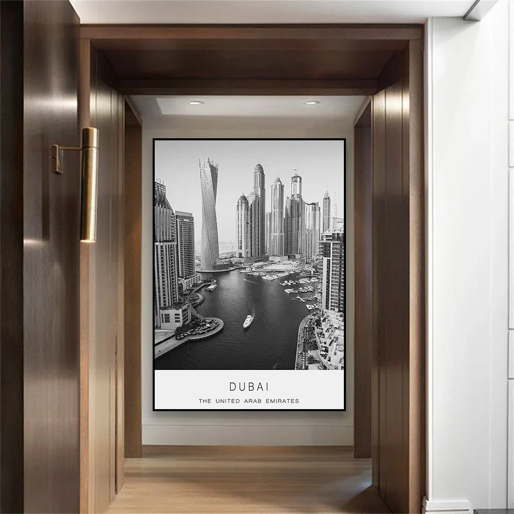 Dubai Skyline Poster Internationale Reisen Wandkunst Fein Kunst Leinwanddrucke Schwarz Weiß Bilder Für Wohnzimmer Esszimmer Heim Büro Kunst Dekor | Karnz