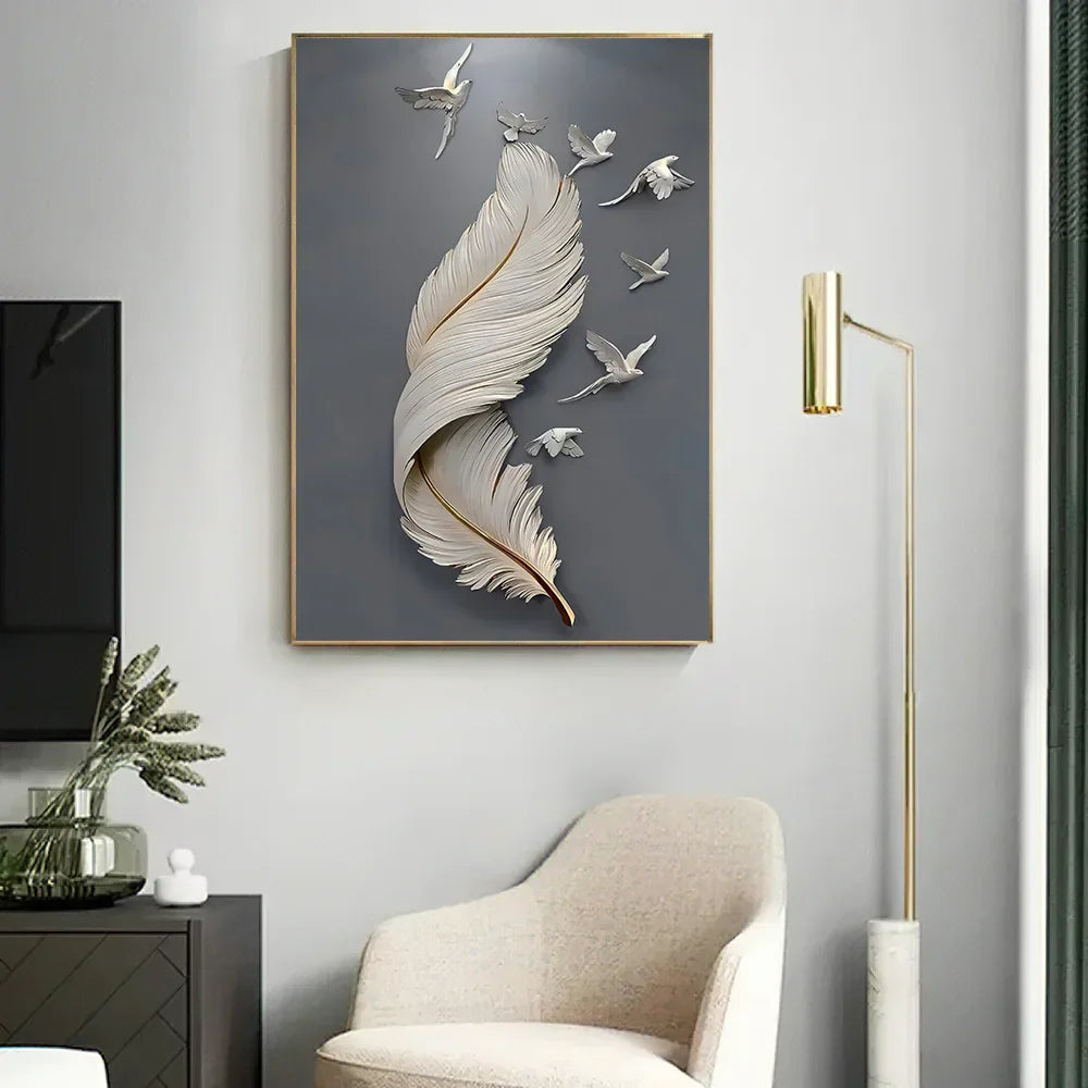 Sieben Vögel Feder Wandkunst Fine Art Leinwanddrucke 3D Visualisierung Minimalistische abstrakte Bilder für Wohnzimmer Eingang, Foyer Kunst Dekor | Karnz