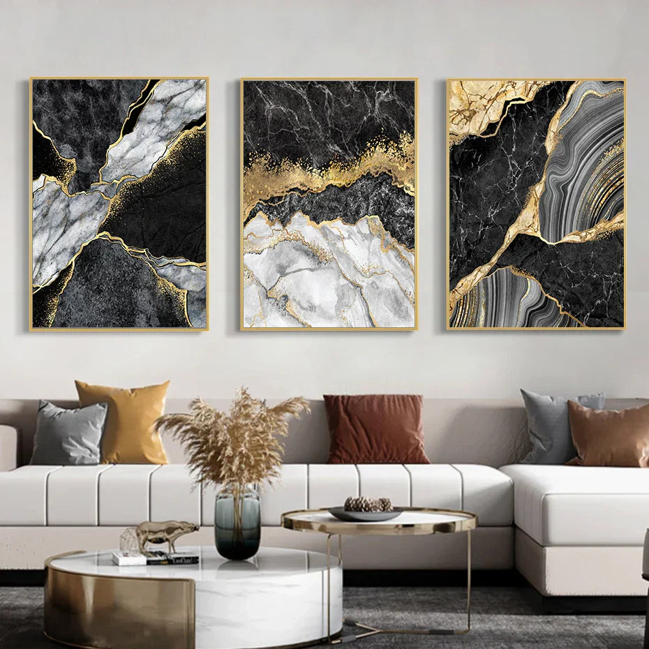 Moderne abstrakte schwarze graue goldene Geode-Marmor-Druck Wandkunst Fine Art Leinwanddrucke Bilder für luxuriöse Wohnung Wohnzimmer Home Office Dekor | Karnz