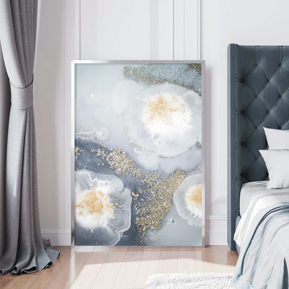 Blaue Weiße Goldene Abstrakte Florale Wandkunst Fein Kunst Leinwanddrucke Poster Bild Für Modernes Wohnzimmer Schlafzimmer Nordische Wohnkultur | Karnz