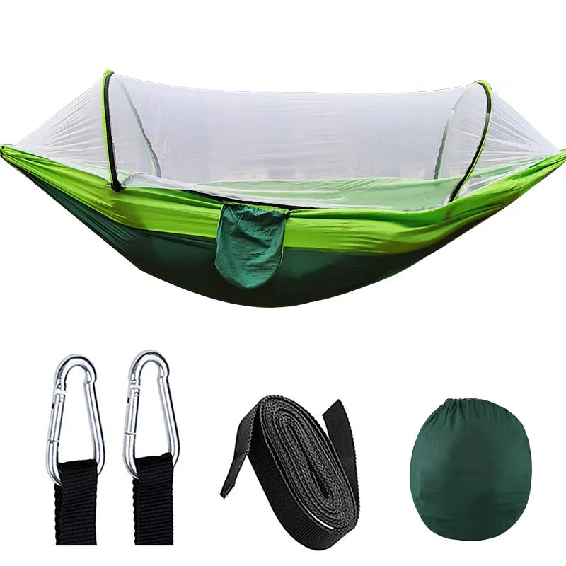 OutdoorRelax Hängematte mit Moskitonetz und Schnellverschluss – 200 kg Tragfähigkeit | Karnz