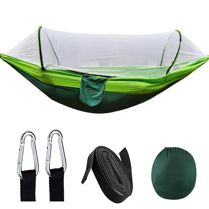 OutdoorRelax Hängematte mit Moskitonetz und Schnellverschluss – 200 kg Tragfähigkeit | Karnz