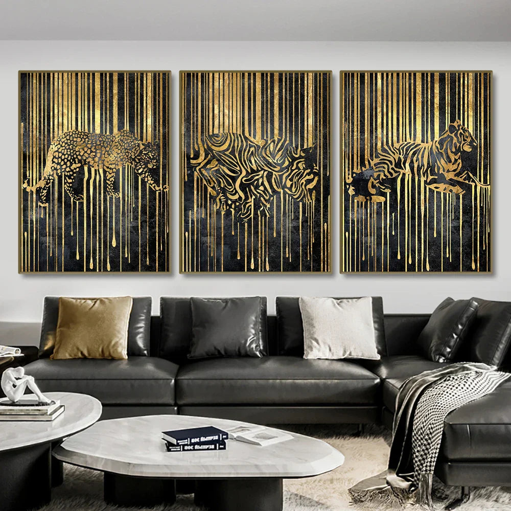 Moderne abstrakte goldene Zebra-Linien Löwe Elefant Tiger Wandkunst Fein Kunst Leinwanddrucke Bilder für luxuriöse Wohnung Wohnzimmer Esszimmer Kunstdekoration | Karnz