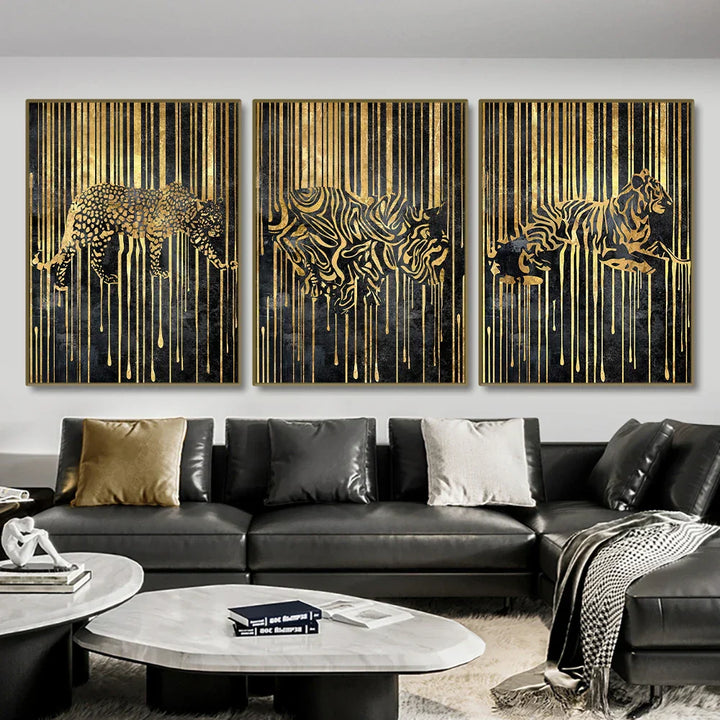 Moderne abstrakte goldene Zebra-Linien Löwe Elefant Tiger Wandkunst Fein Kunst Leinwanddrucke Bilder für luxuriöse Wohnung Wohnzimmer Esszimmer Kunstdekoration | Karnz