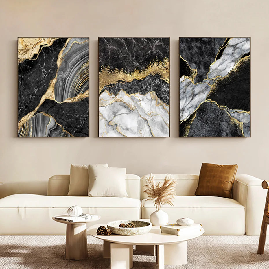 Moderne abstrakte schwarze graue goldene Geode-Marmor-Druck Wandkunst Fine Art Leinwanddrucke Bilder für luxuriöse Wohnung Wohnzimmer Home Office Dekor | Karnz