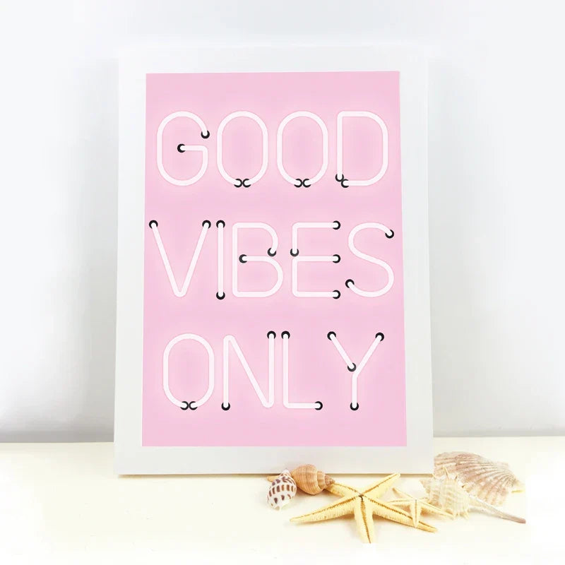 Good Vibes Only Neon Pink Poster Wandkunst Fine Art Leinwanddrucke Positivität Bild für Wohnzimmer Mädchen Schlafzimmer Salon Kunst Dekor | Karnz